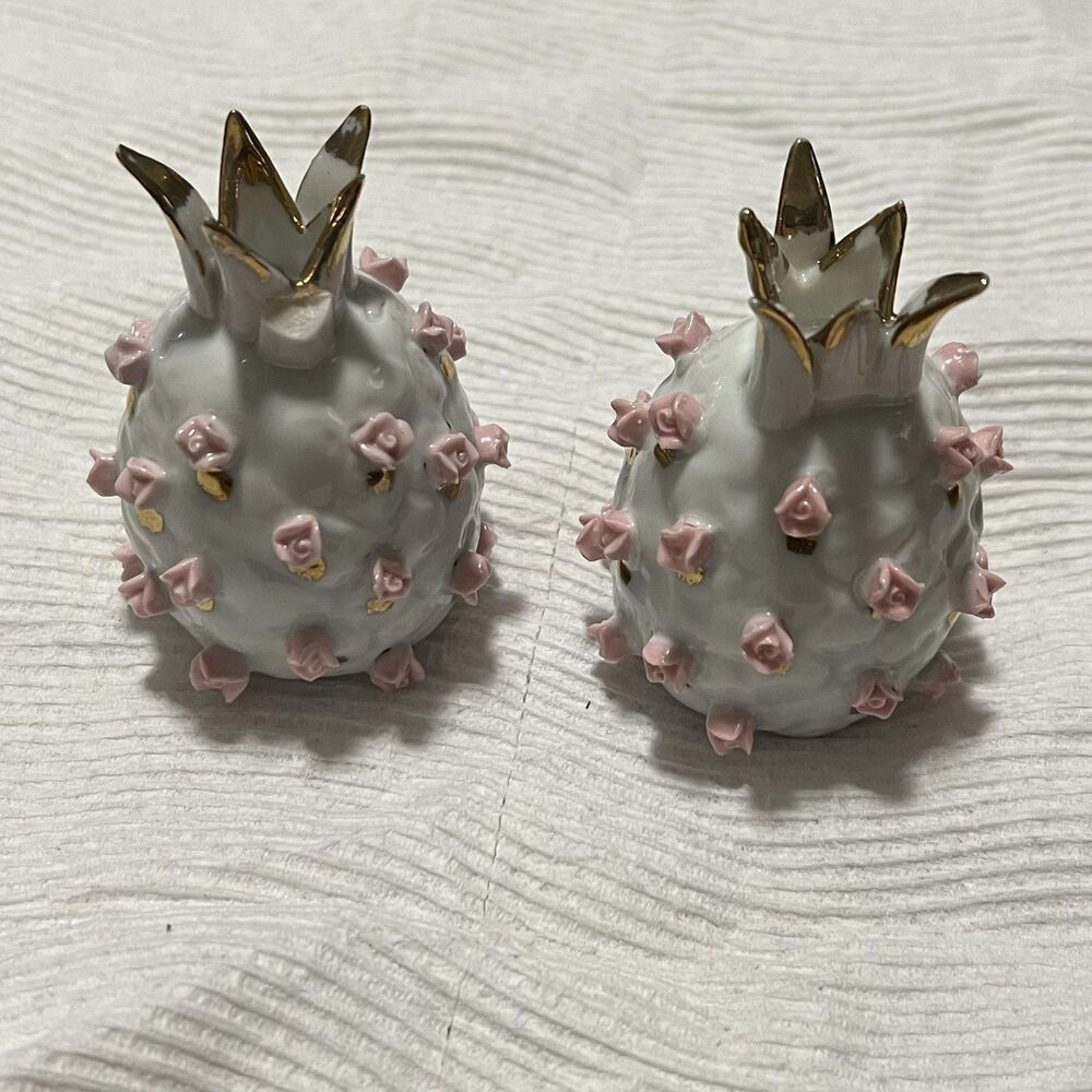 Vintage Porcelain Pineapple Salt Pepper Shakers White Pink Roses Small Floral